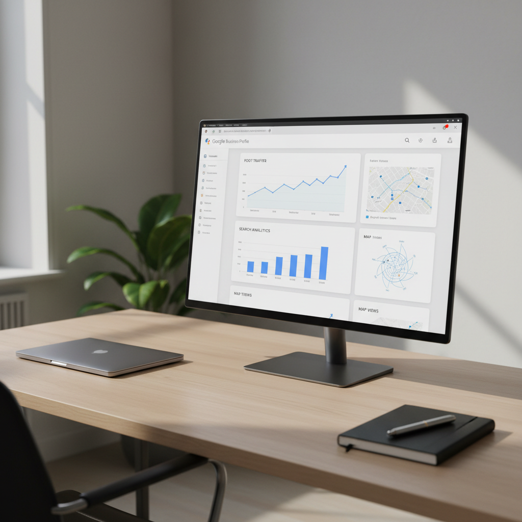 A minimalist office desk setup featuring a large, ultra-thin monitor displaying a Google Business Profile dashboard with charts of rising foot traffic, search analytics, and map views in crisp detail. The monitor sits on a light oak desk with a matte finish, beside a closed silver laptop and a black notebook with a metal pen resting on top. Soft, diffused daylight enters from an unseen window, creating subtle reflections on the screen and gentle shadows under the objects. The setting is a tidy, contemporary workspace with neutral tones and a single green plant blurred in the background. Shot from a slightly elevated angle in photographic realism, with a shallow depth of field that keeps the dashboard in sharp focus. The mood is analytical, confident, and results-driven, reinforcing professional optimization of Google My Business for increased store visits.