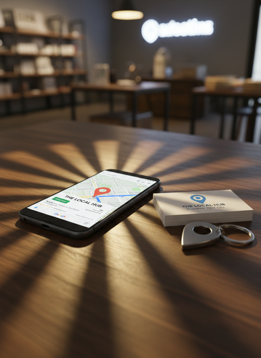 A detailed close-up of a modern smartphone lying on a dark walnut tabletop, its bright screen showing a Google Maps interface with a prominent business listing, highlighted route, and clear “Open now” status. Next to the phone is a small stack of clean, branded business cards and a subtle metallic keychain in the shape of a location pin. Overhead warm pendant lighting creates soft reflections on the phone’s glass surface and gentle, radial shadows across the wood grain. The background fades into a softly blurred interior suggesting a well-organized retail space, with hints of shelves and signage. Captured in photographic realism from a low, side angle, the composition emphasizes the glowing screen as the focal point. The atmosphere feels precise, modern, and action-oriented, underscoring how local search drives real-world footfall to physical locations.