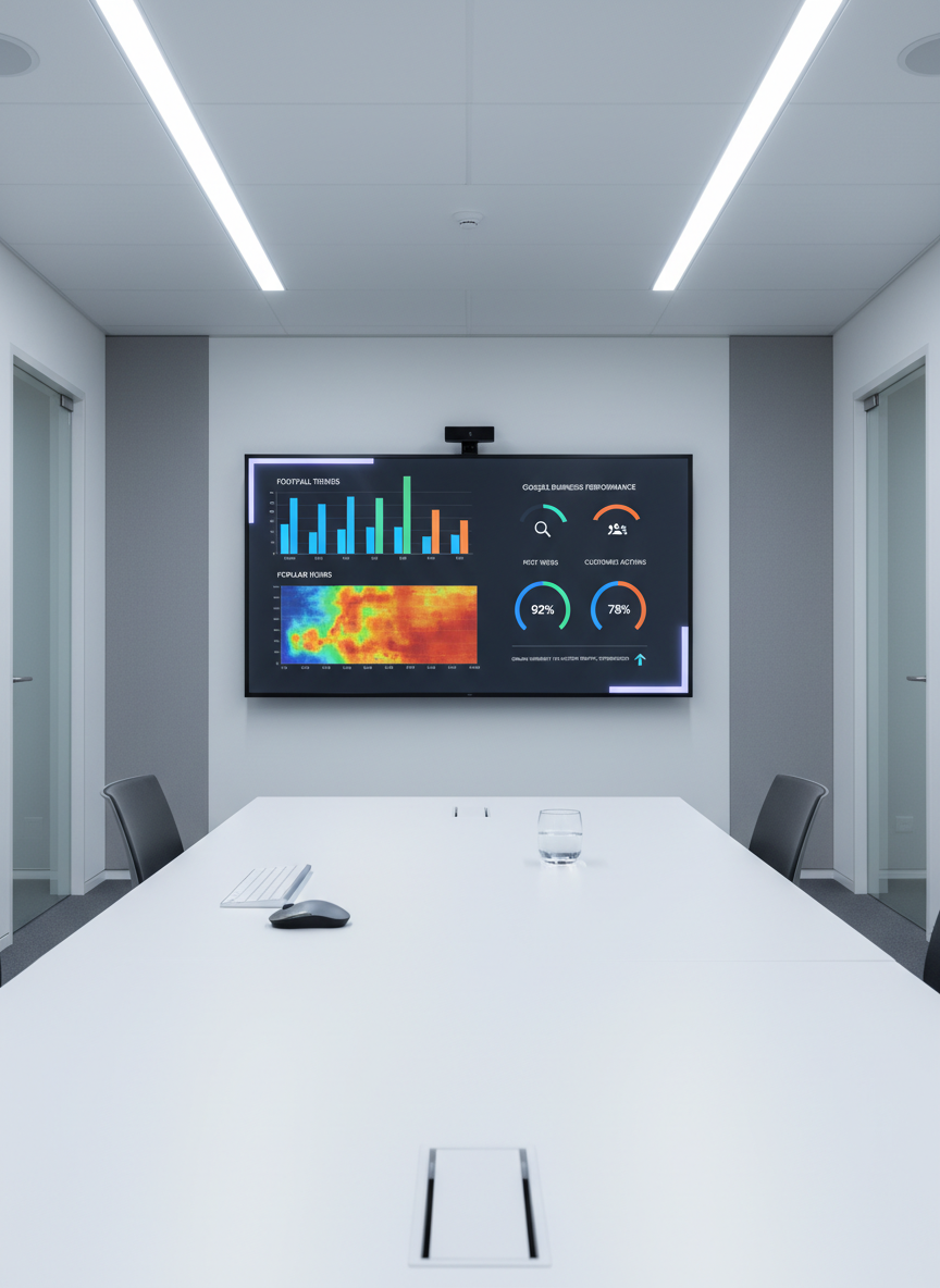 An illuminated digital analytics dashboard displayed on a widescreen monitor mounted on a clean white wall in a modern meeting room. The dashboard shows colorful bar graphs of footfall trends, heat maps of popular hours, and performance metrics for Google Business posts, all rendered in sharp detail. Below, a minimalist white conference table holds only a slim wireless keyboard, a graphite-grey mouse, and a single glass of water catching subtle reflections. Cool, even LED ceiling lighting creates crisp shadows and a high-clarity atmosphere. Photographic realism with a straight-on composition keeps the entire screen legible, while the rest of the room gently recedes in focus. The mood is strategic and data-driven, emphasizing professional analysis and optimization to turn online visibility into measurable in-store traffic increases.
