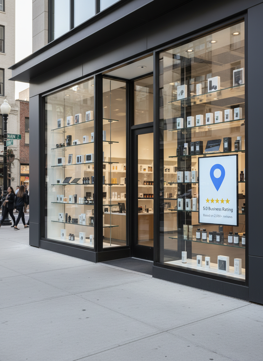 A sleek, modern storefront façade with large glass windows displaying neatly arranged retail shelves, each product precisely aligned and clearly visible. Outside, a clean sidewalk leads directly to the entrance, where a bright, crisp digital sign shows a Google Maps pin icon and a five-star business rating panel. The scene is captured in sharp photographic realism at eye level, with soft late-morning natural light casting gentle reflections on the glass. The background subtly blurs into an urban streetscape with clear signage and tidy surroundings. The mood is professional and successful, conveying high foot traffic and strong online visibility. Composition follows the rule of thirds, keeping the storefront as the focal point, with a clean and modern aesthetic that emphasizes credibility and growth through Google Business presence.
